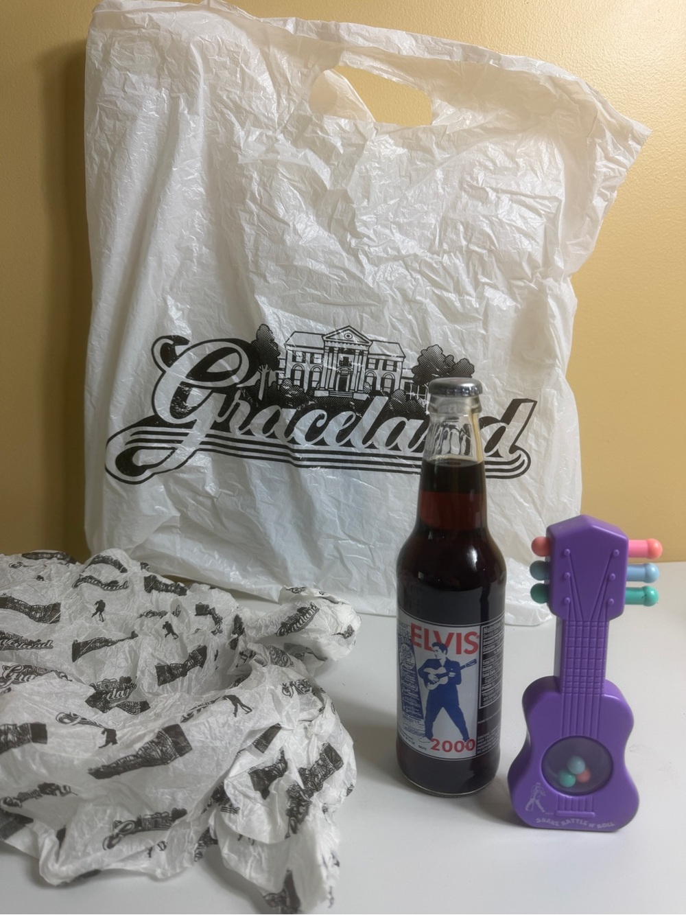 Vintage Elvis Presley Graceland Souvenir Bundle - Pepsi Bottle, Rattle, Bag